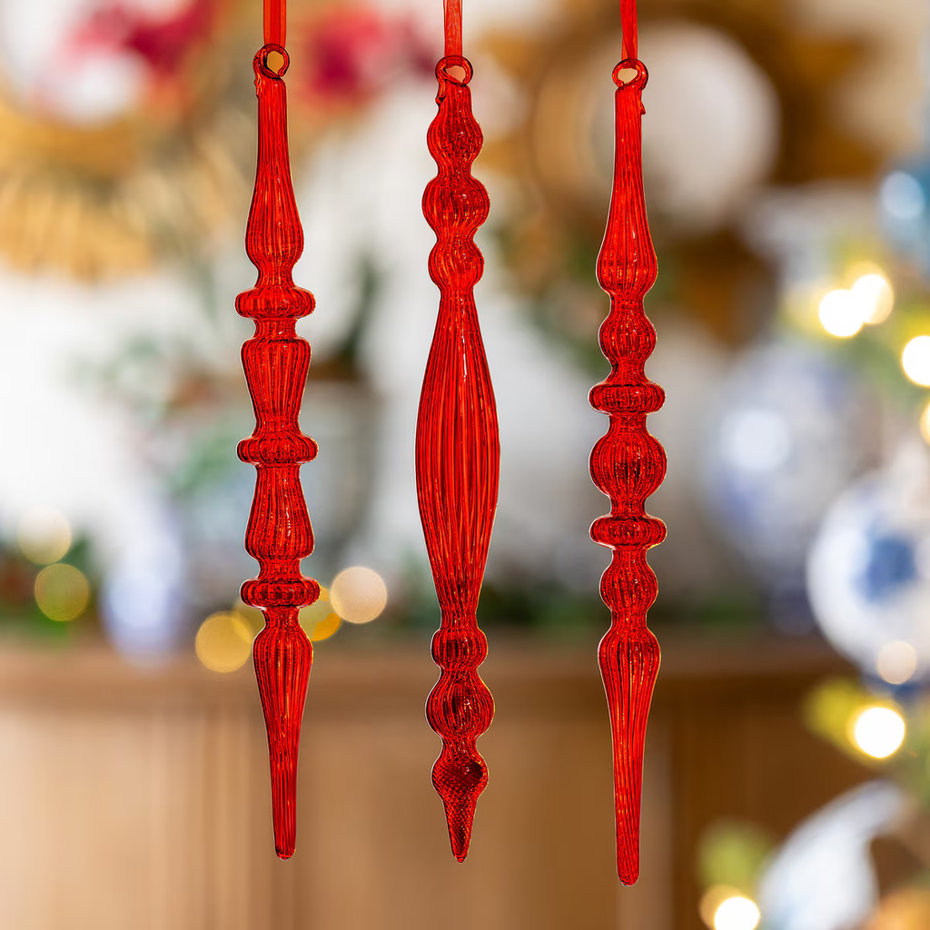Glass Ruby Red Finial Icicle Ornaments Set/12