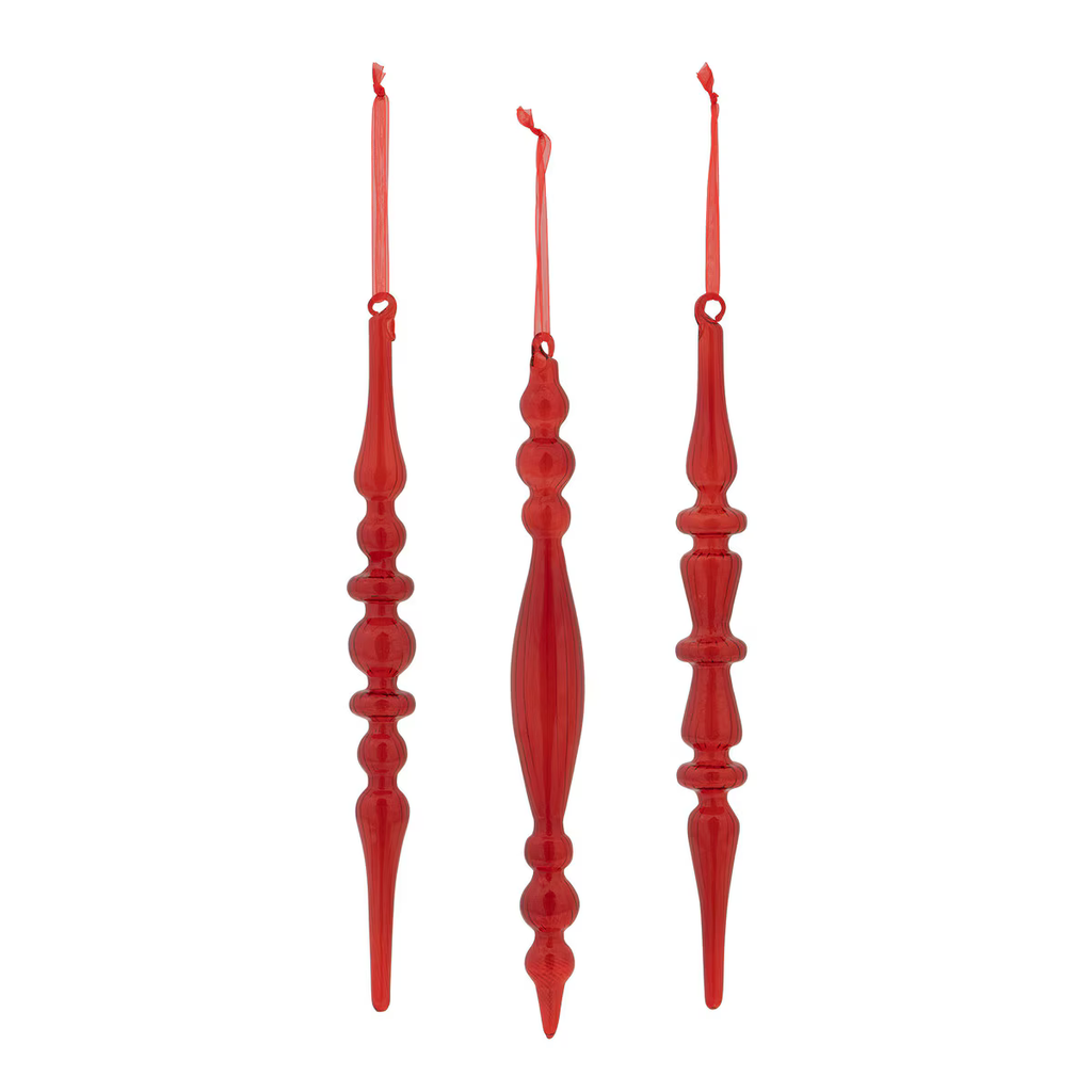 Glass Ruby Red Finial Icicle Ornaments Set/12