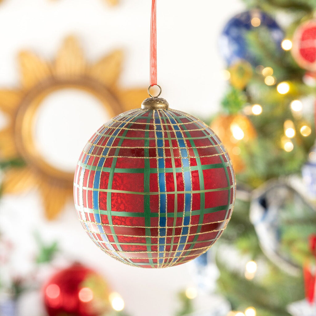 Hand Painted Plaid Glass Ball Ornaments 6" Set/4