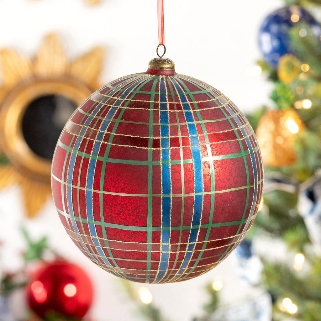 Hand Painted Plaid Glass Ball Ornaments 8" Set/2