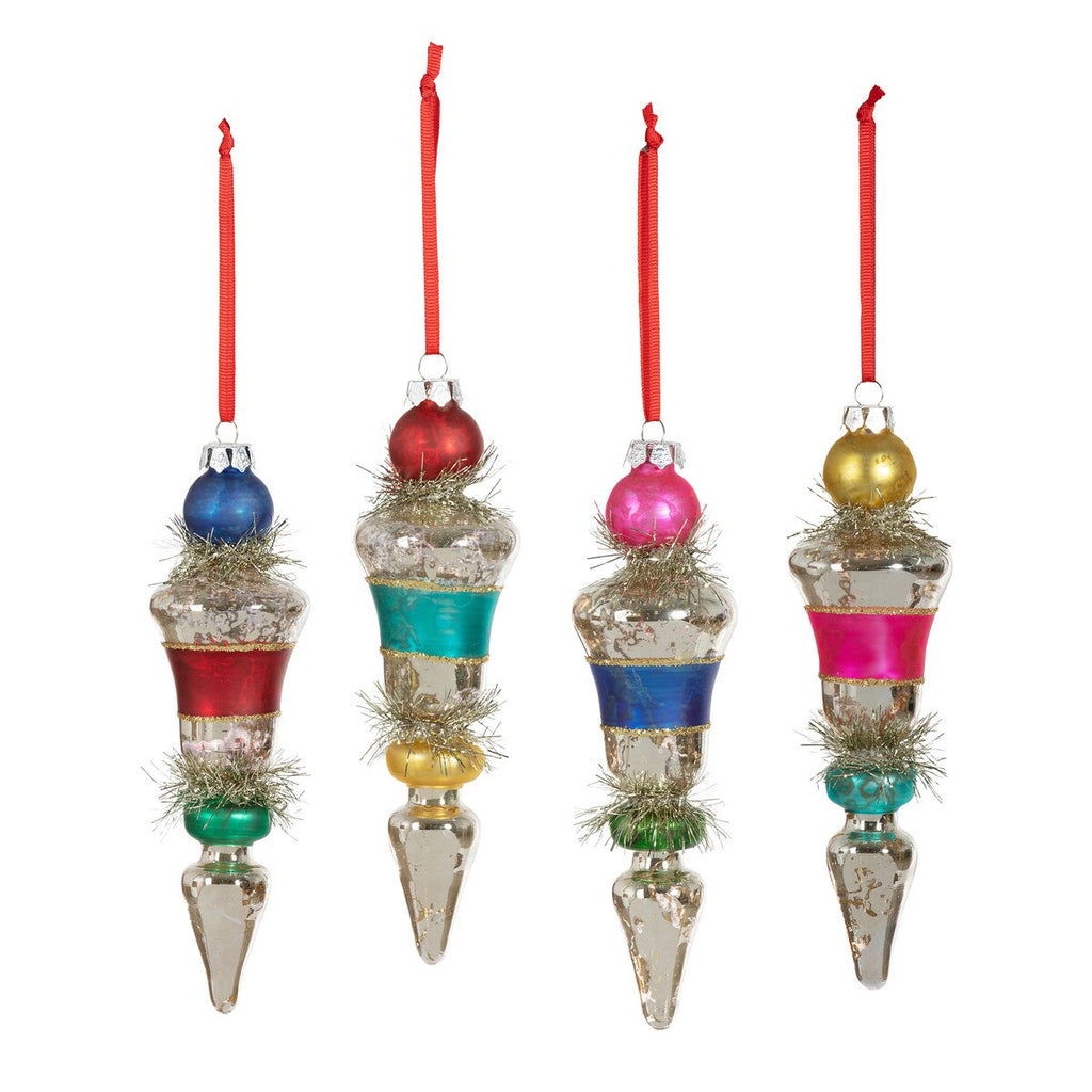 Retro Stripe and Tinsel Finial Ornaments Set/8