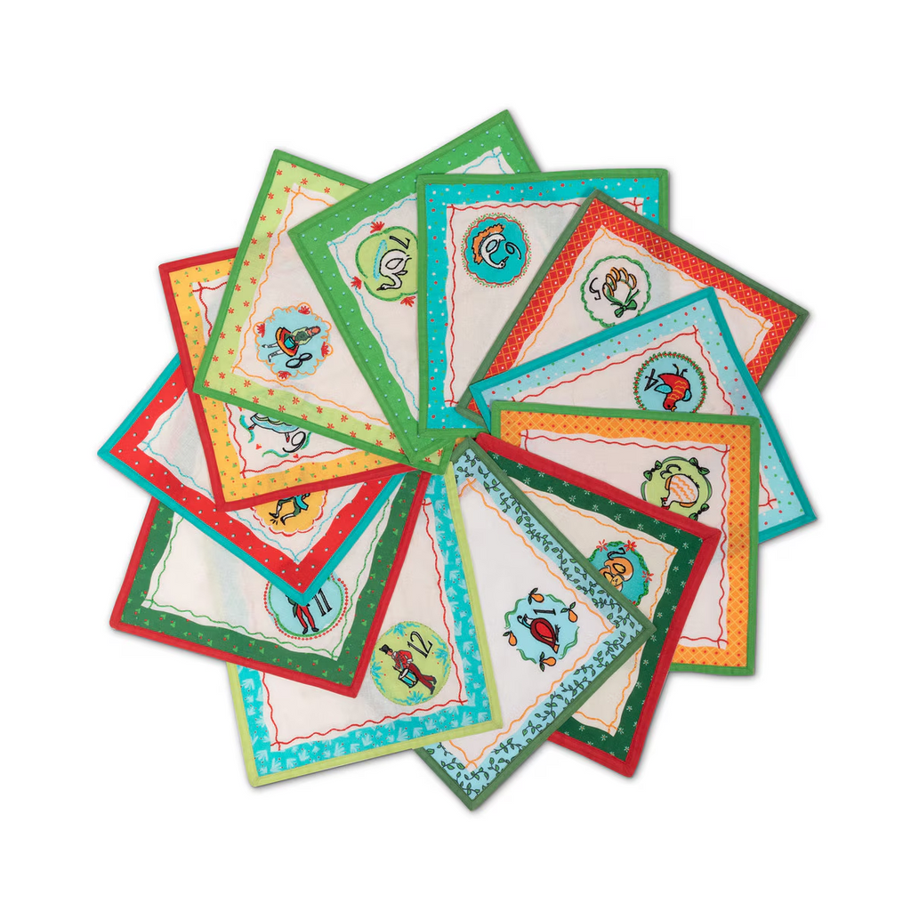 12 Days of Christmas Embroidered Cotton Cocktail Napkins Set/12