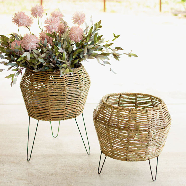 Round Seagrass Planters on Iron Stands Set/2