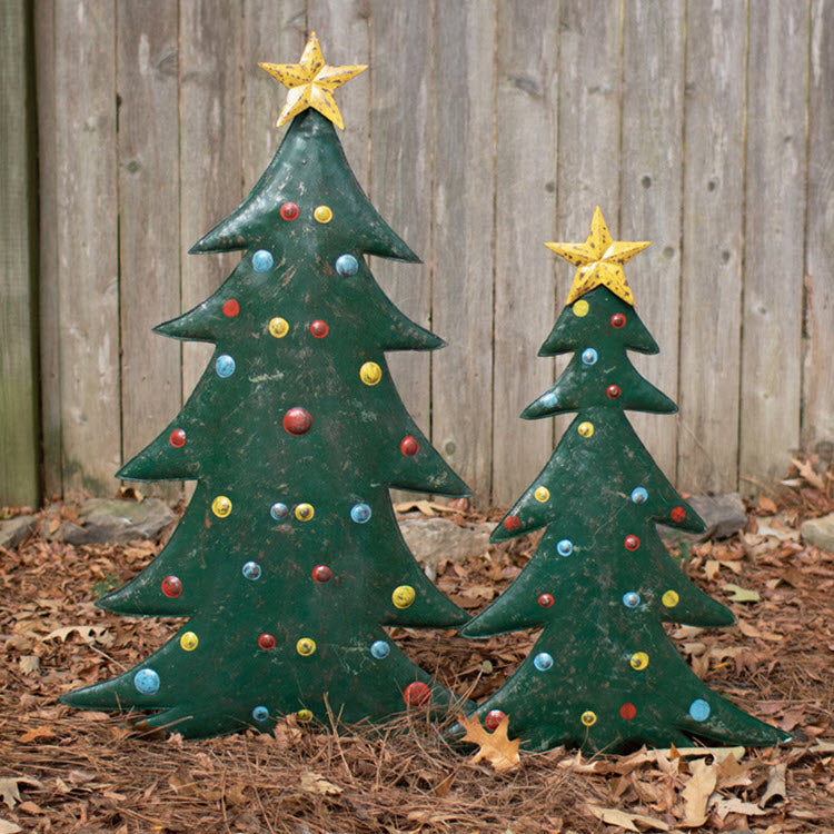 Hand Hammered Metal Christmas Tree Yard Stakes Set/2