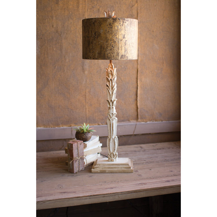 Table Lamp with Carved Wooden Base & Rustic Metal Shade