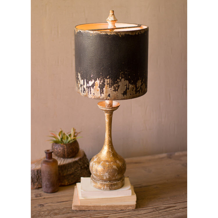 Table Lamp with Round Wooden Base and Black and Gold Metal Shade