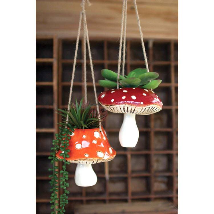 toadstool hanging planter Set Of 2 Ceramic Toadstool Hanging Planters