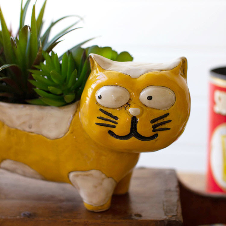 Ceramic Yellow and White Cat Planter