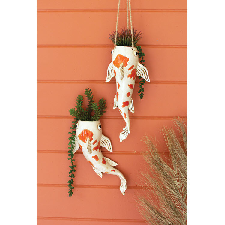 clay hanging planter Kalalou Ceramic Koi Fish Hanging Planter