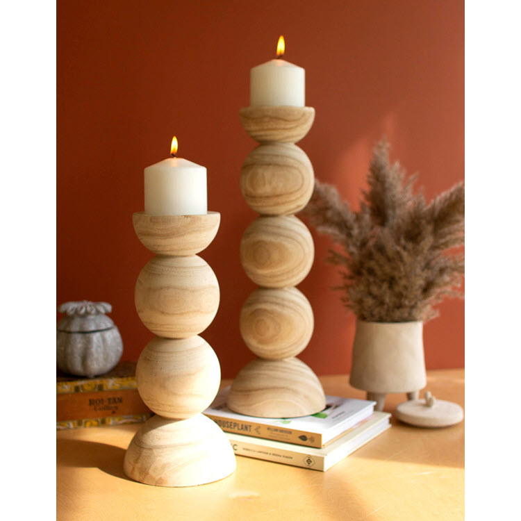 Hand Carved Wooden Stacked Ball Candle Holders Set/2