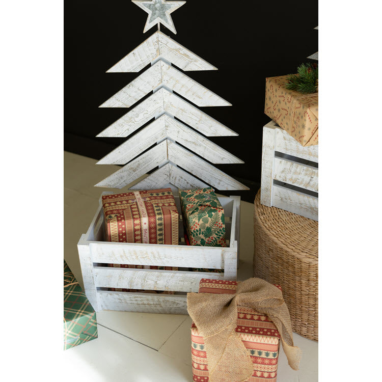 Recycled Distressed White Wood Christmas Trees with Crates Box/2