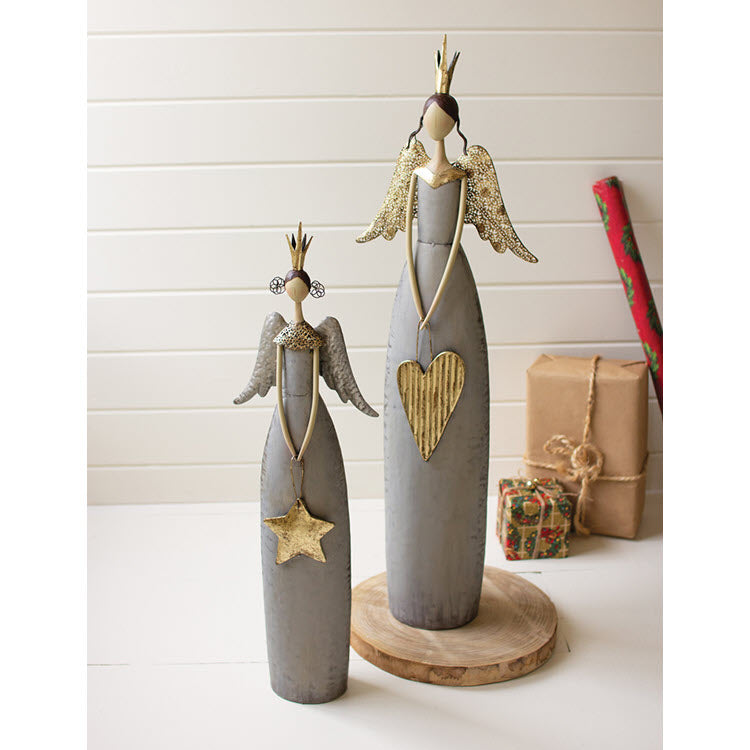 Gold and Grey Christmas Angels Holding a Heart and Star