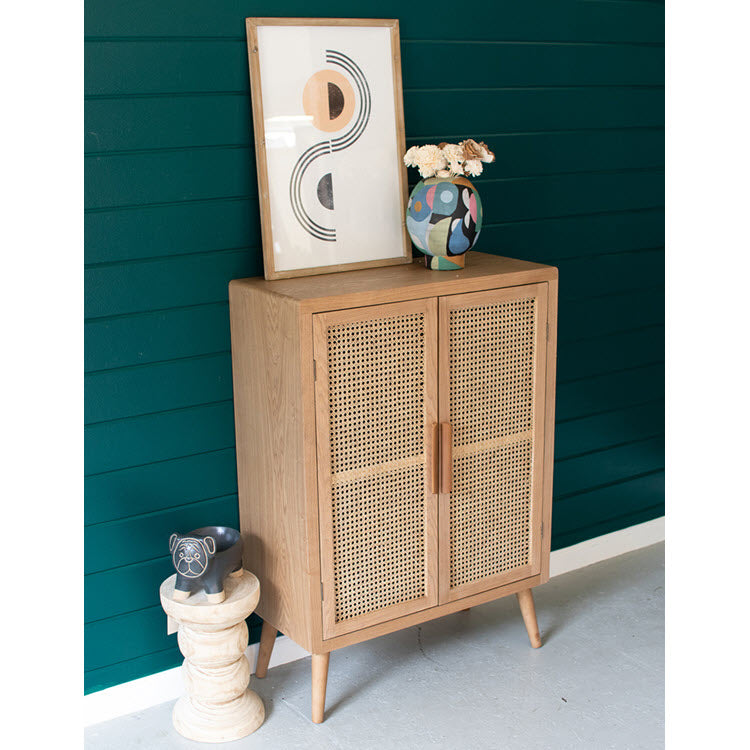 Tall Wood Cabinet with Woven Cane Doors