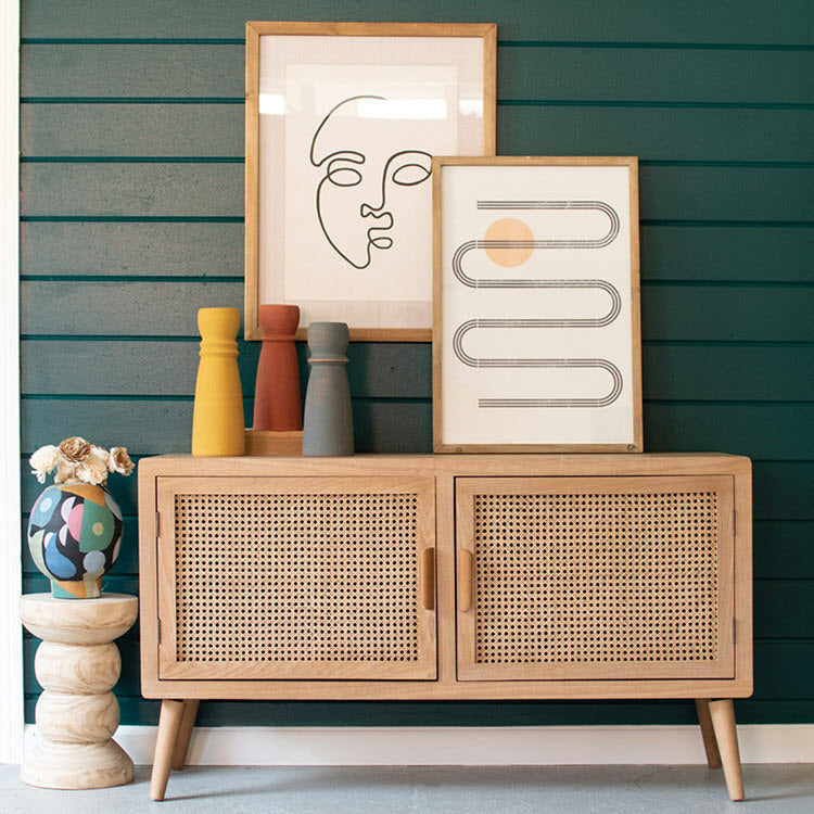 Wood TV Cabinet with Woven Cane Doors