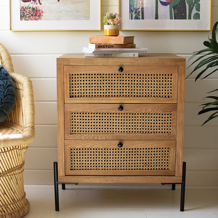 Wooden Bedside Table with Three Woven Cane Drawers