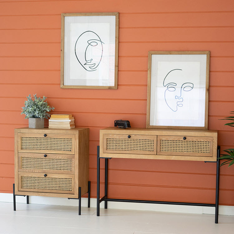 Wooden Bedside Table with Three Woven Cane Drawers