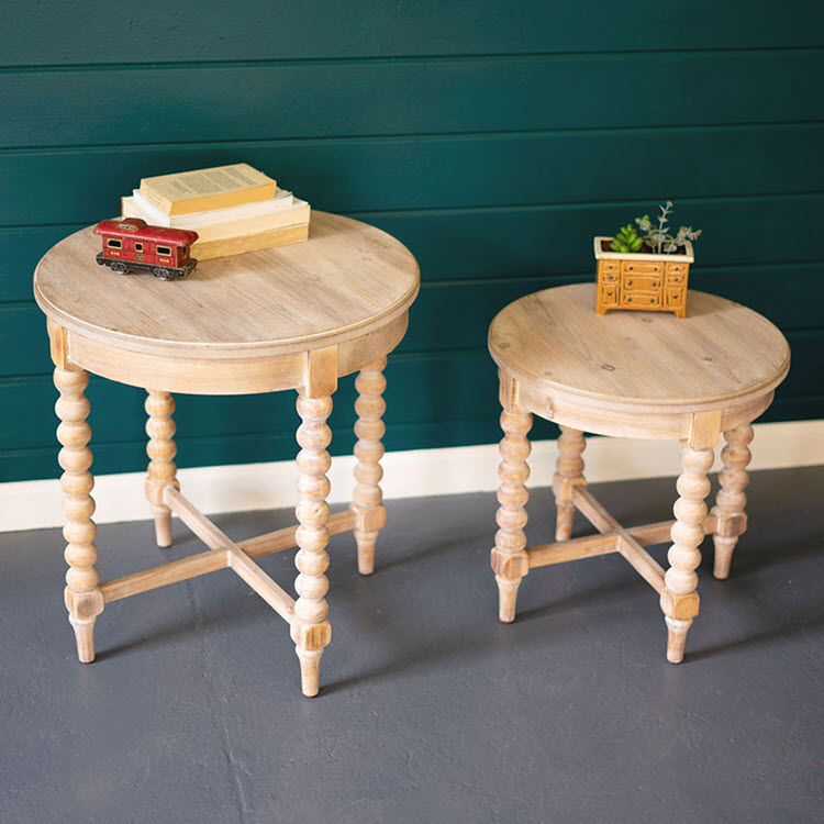 Round Wooden Side Tables with Turned Legs Set/2