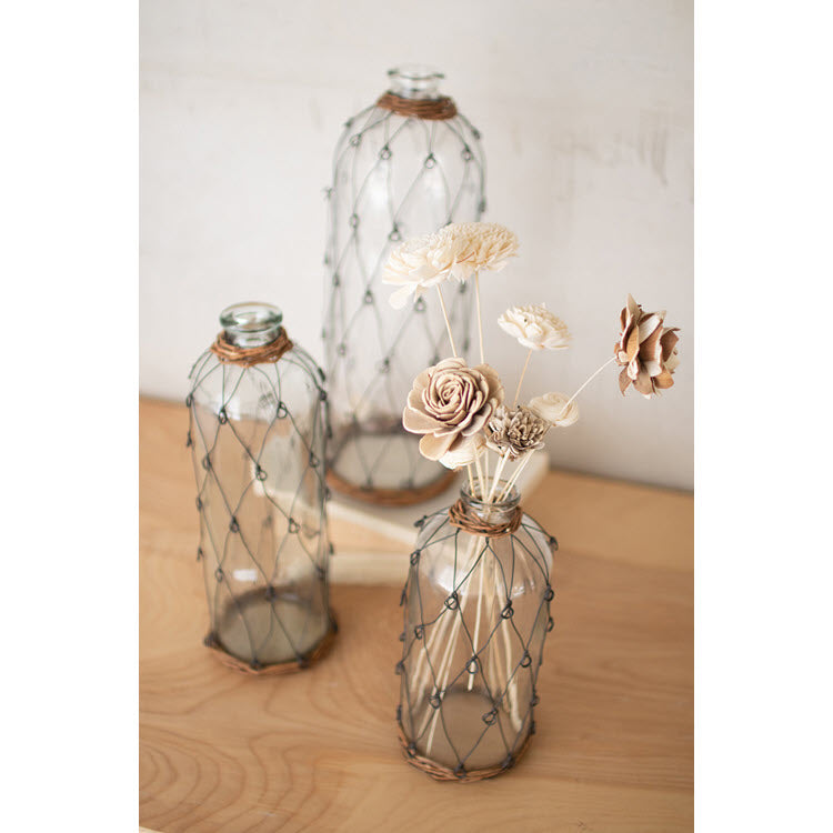 Tall Wire and Wicker Wrapped Glass Bottles Set/3