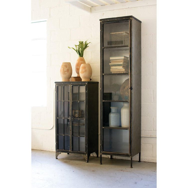 Tall Iron and Glass Apothecary Cabinet