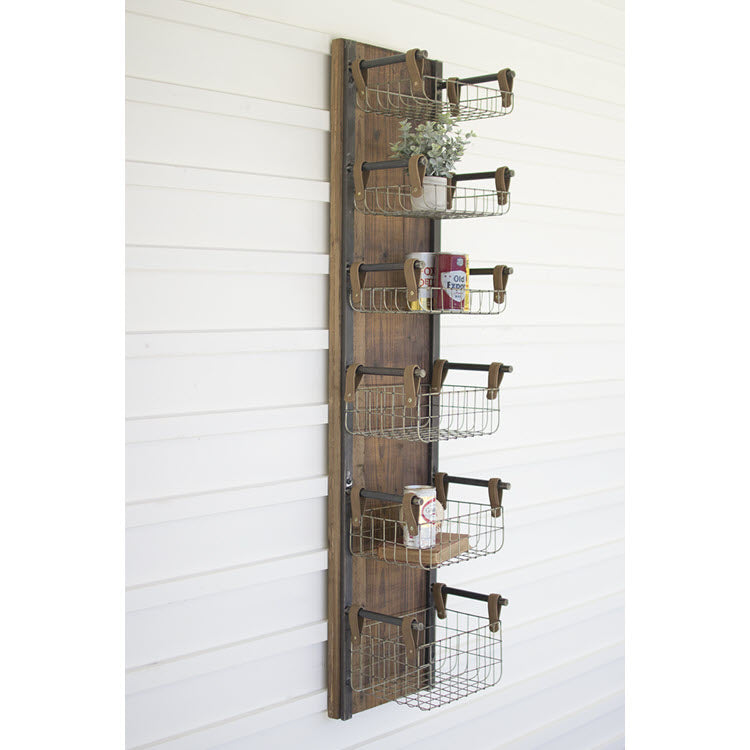Recycled Wood & Metal Wall Rack with Wire Storage Baskets