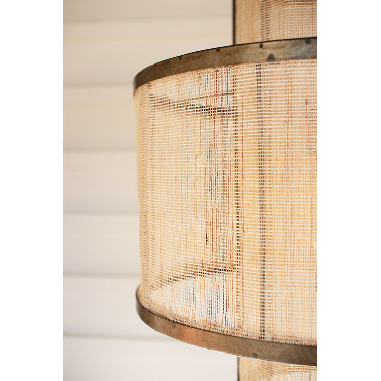 Round Double Layered Woven Fiber and Metal Pendant Light