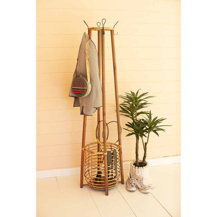 Tall Rattan Coat Rack with Umbrella Basket