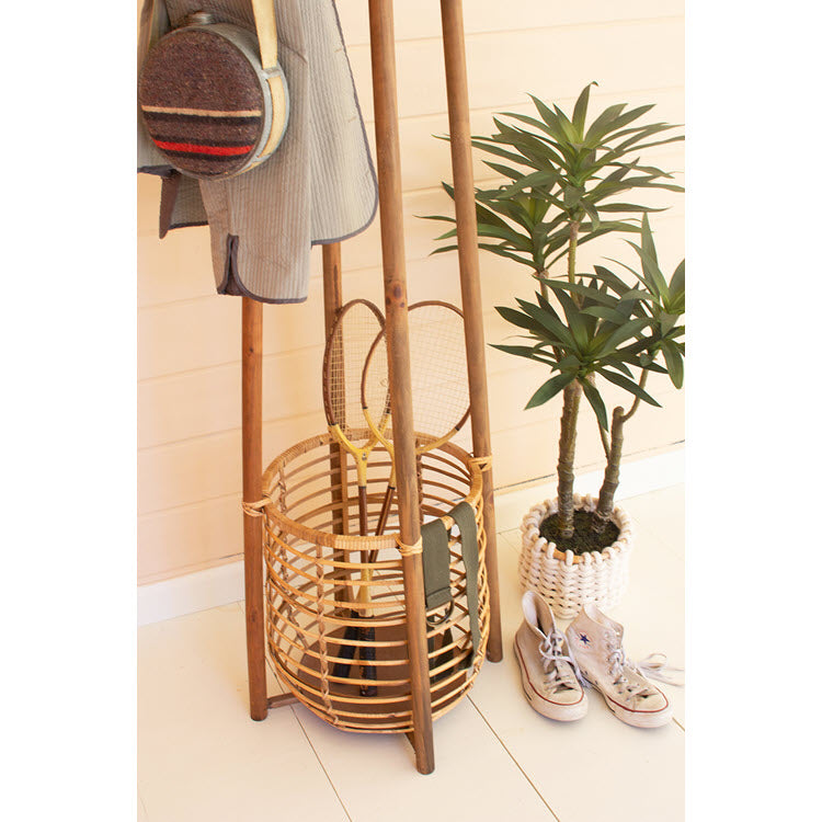 Tall Rattan Coat Rack with Umbrella Basket
