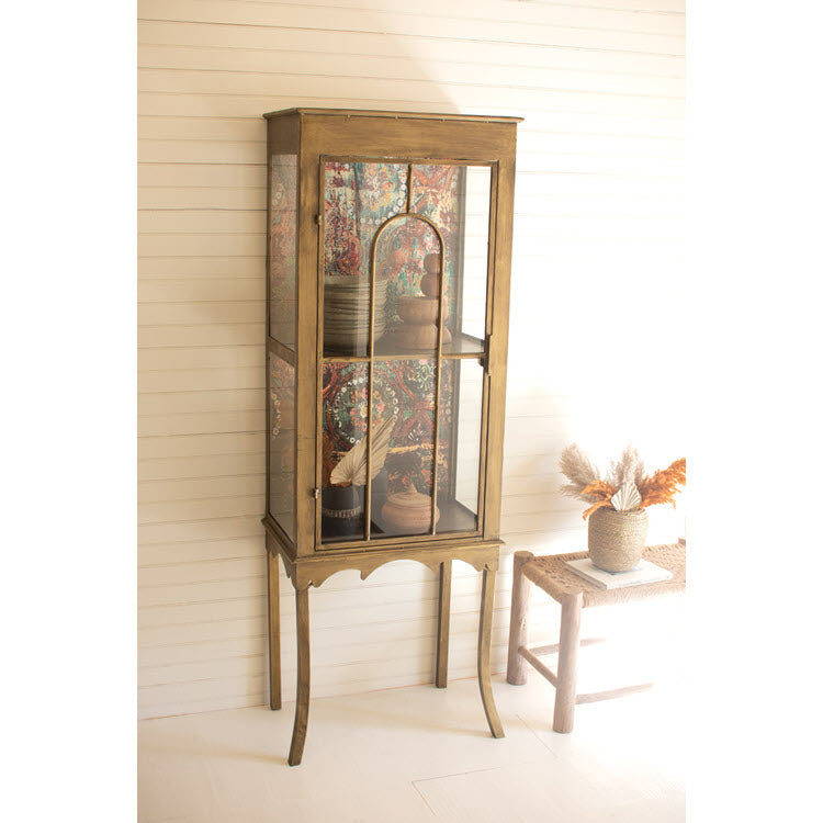 Gold Metal and Glass Cabinet with Colorful Print Back