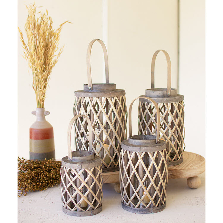 Grey Willow Cylinder Lanterns with Glass Inserts Set/4