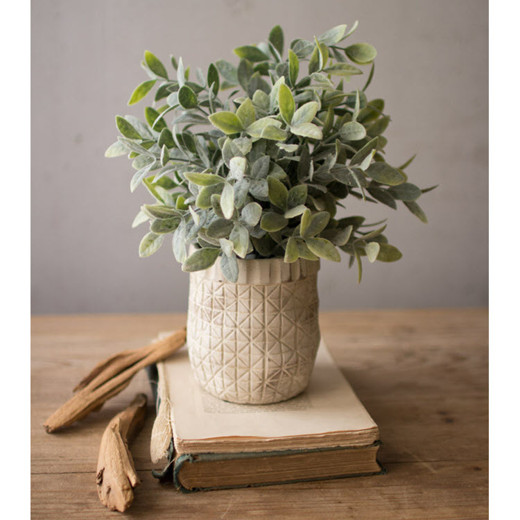 Artificial Sage with White Criss Cross Pot