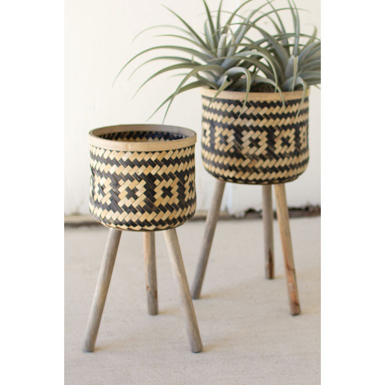 Woven Black and Natural Bamboo Plant Stands with Wood Legs Set/2