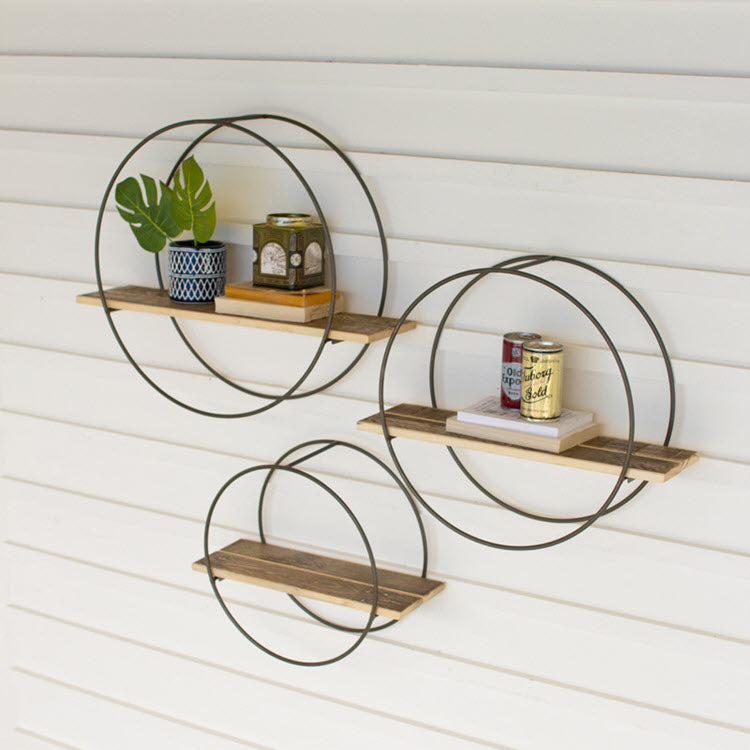 Recycled Wooden Shelves with Round Metal Frames Set/3