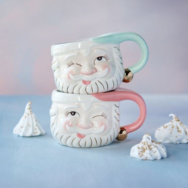 Papa Noel Ceramic Mugs Set/2 Mint & Pink