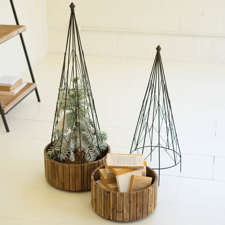 Metal Topiaries with Recycled Wood Bases Set/2