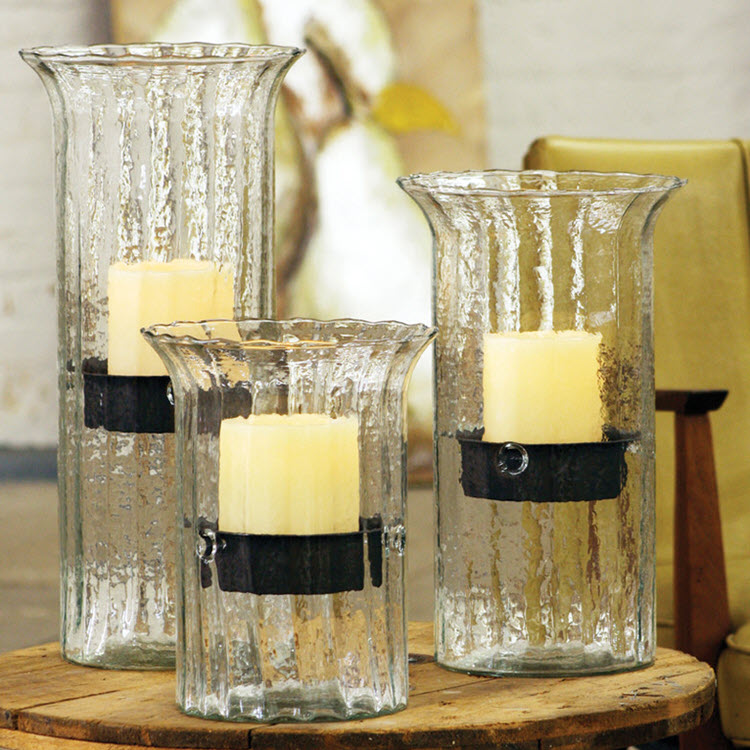 Ribbed Glass Candle Cylinder with Rustic Insert (Three Sizes)