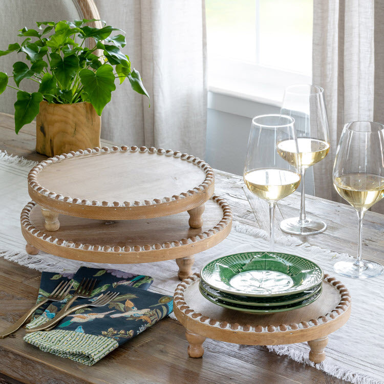 Wood Beaded Round Serving Trays Set/3