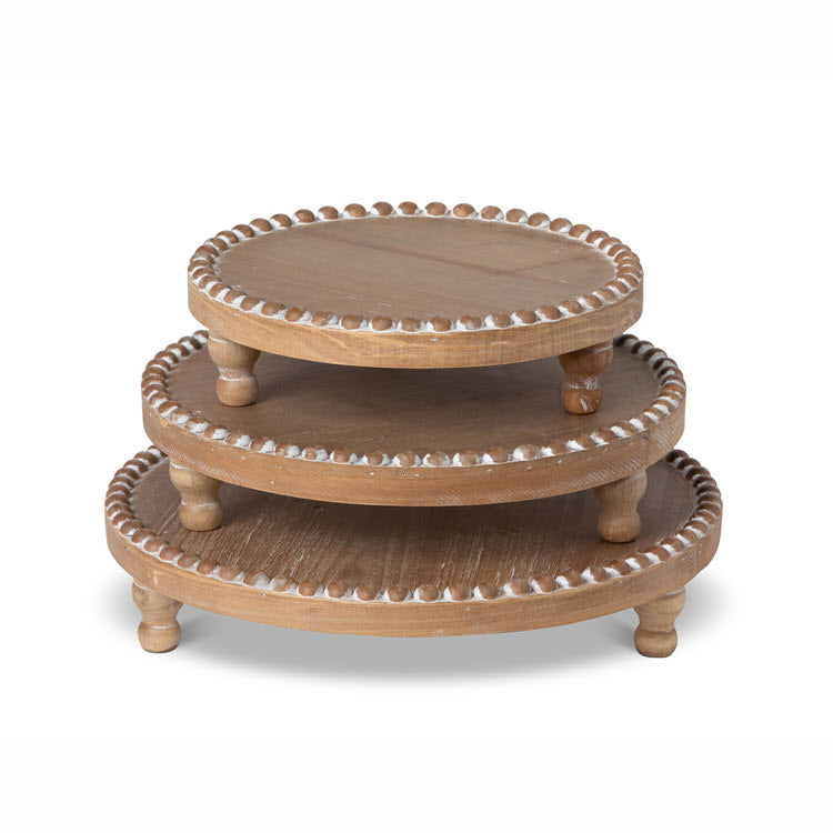 Wood Beaded Round Serving Trays Set/3