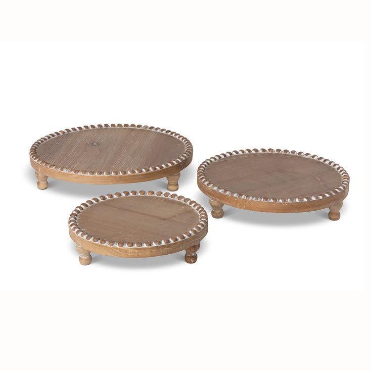 Wood Beaded Round Serving Trays Set/3