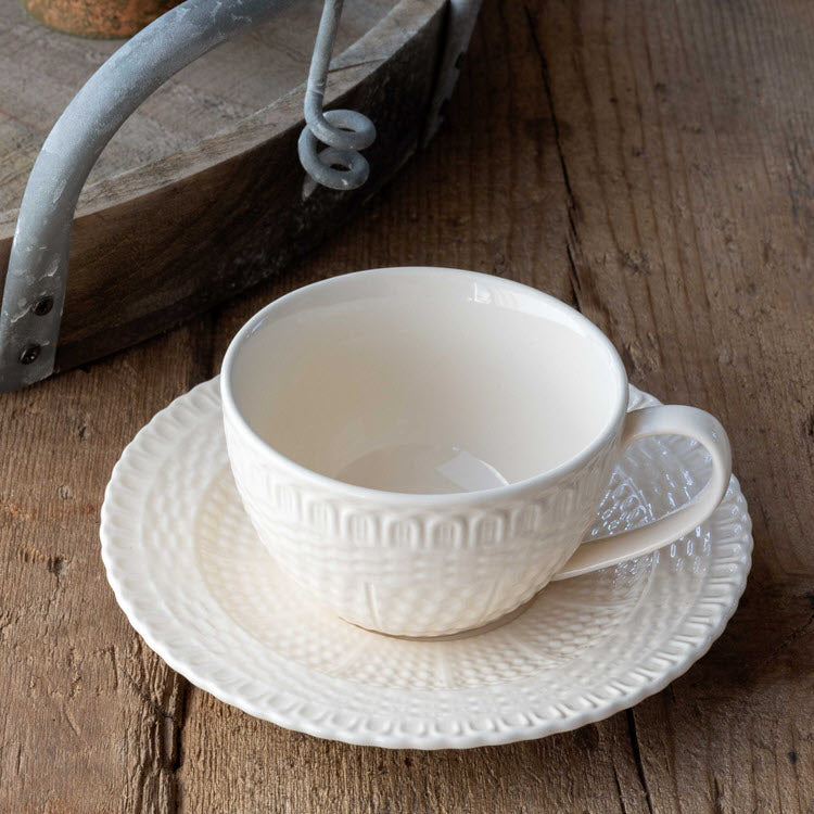 Creamware Basketweave Cups & Saucers Set/4