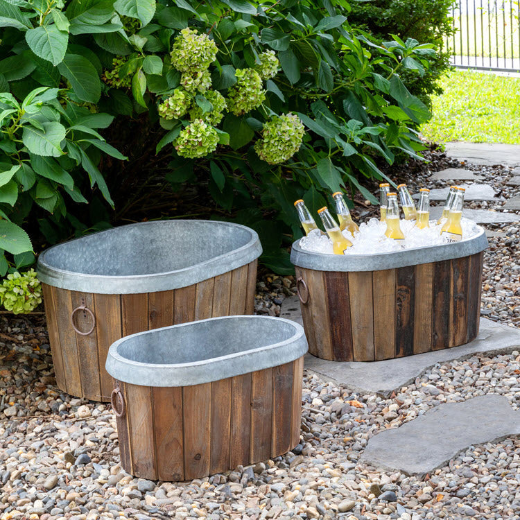 Galvanized Wooden Oval Tubs Set/3