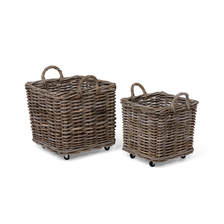 Rattan Woven Square Basket with Casters Set/2