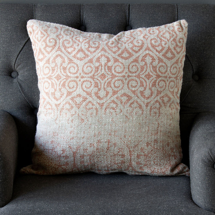 Vintage Printed Linen Pillow Faded Coral