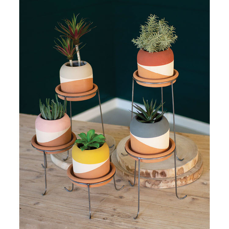 Color Dipped Clay Pots with Metal Bases Set/5