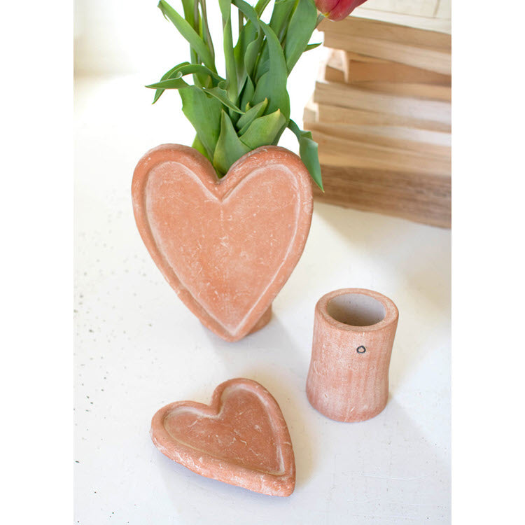 White Wash Clay Heart Vases Set/2