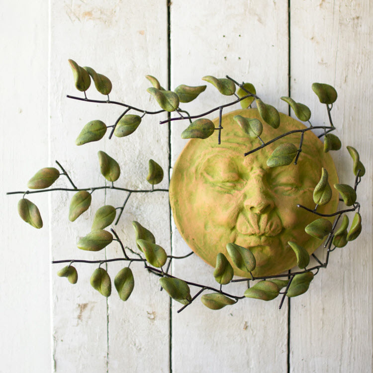 Wall Hanging Wind Blown Sun Face with Clay Leaves