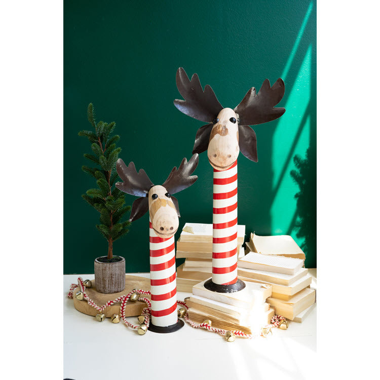 Recycled Iron Moose with Red and White Painted Wood Bases Set/2