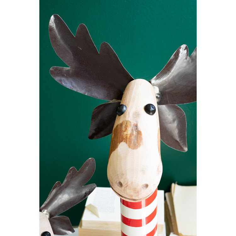 Recycled Iron Moose with Red and White Painted Wood Bases Set/2