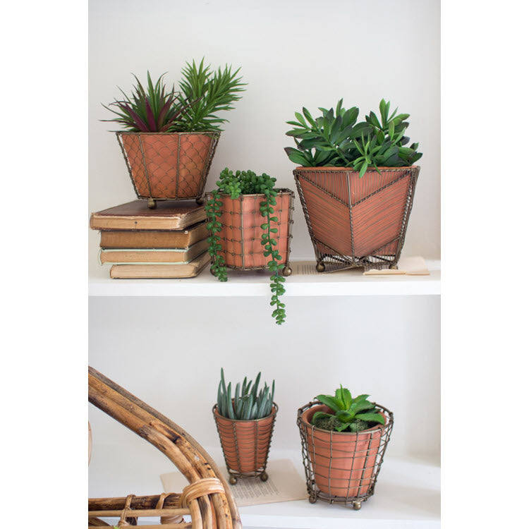 Terracotta Planters with Wire Wrap and Brass Detail Set/5