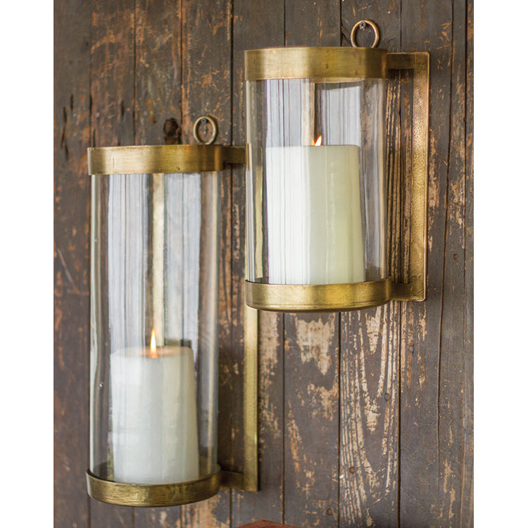 Glass & Antique Brass Finish Wall Mounted Hurricane (Two Sizes)