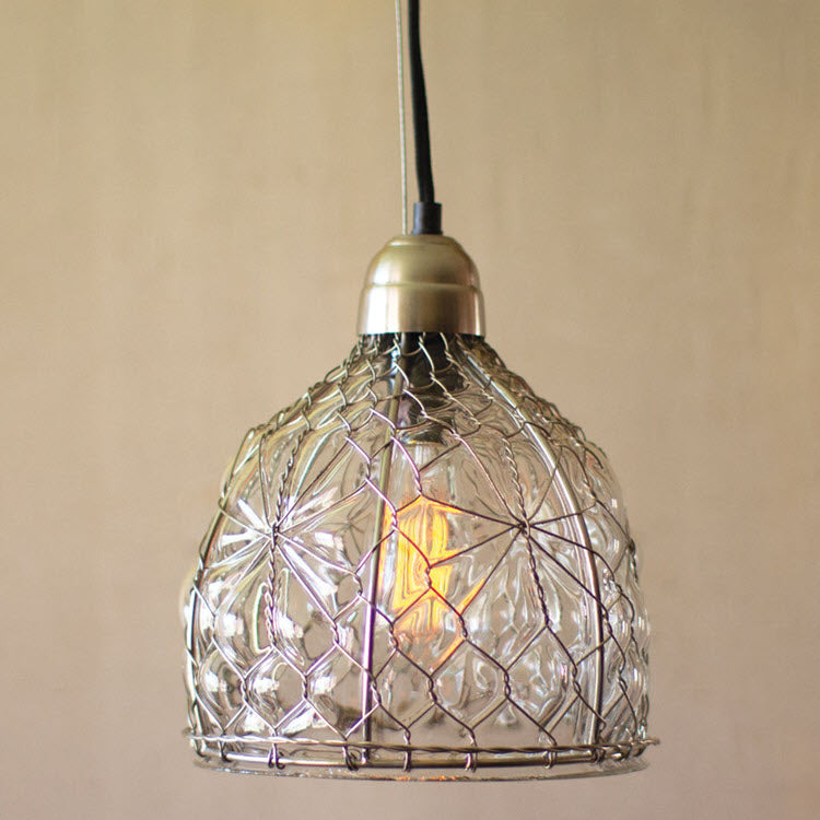 Vintage Inspired Glass Pendant Lamp with Wire Detail